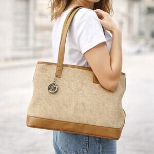 Stone Mountain Tan Canvas Tote Bag Faux Leather Trim Medium Shoulder Purse